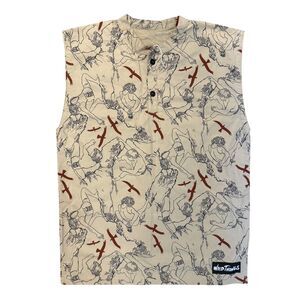 Wild Things Shirt Mens Large Tan Sleeveless Henley Art Print Birds Summer Vest